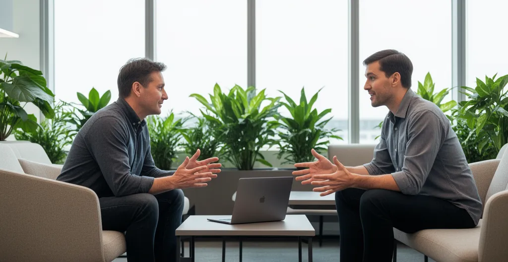 Two colleagues in casual discussion in modern office lounge area with laptop