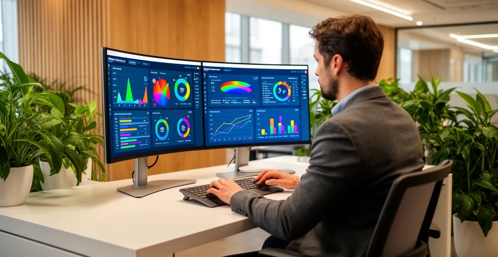 Sales operations professional at workstation with dual monitors displaying dashboard charts