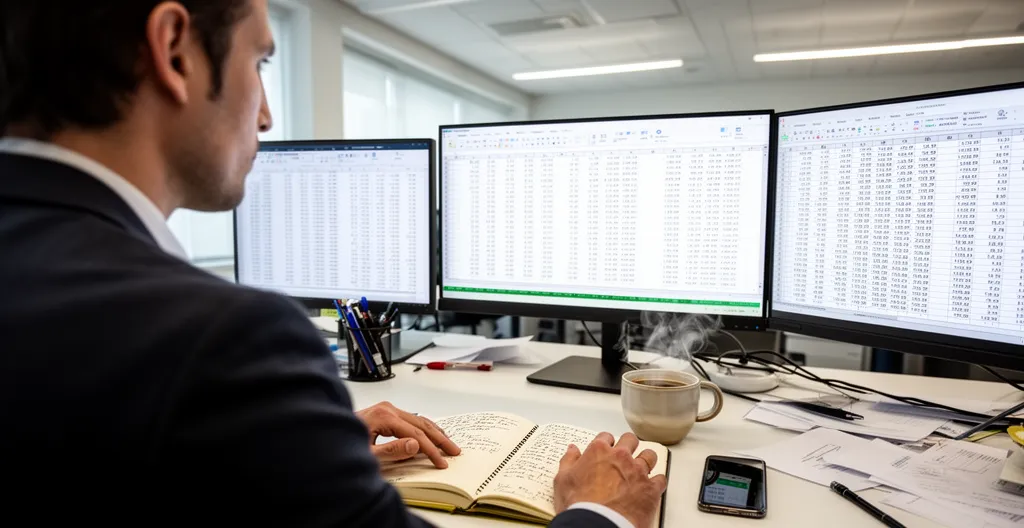 Professional viewed from over-shoulder angle looking at multiple monitors displaying spreadsheet data