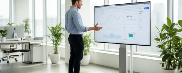 Business professional studying analytics dashboard on wide monitor in modern office