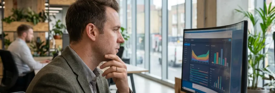 RevOps professional reviewing compensation analytics dashboard in modern London office