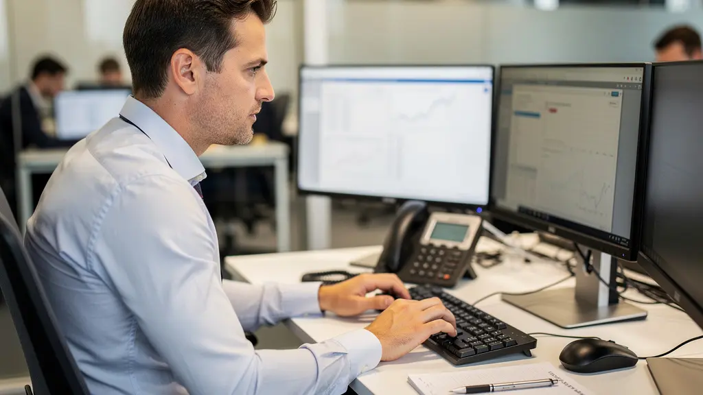 Finance professional working through commission data on dual monitors