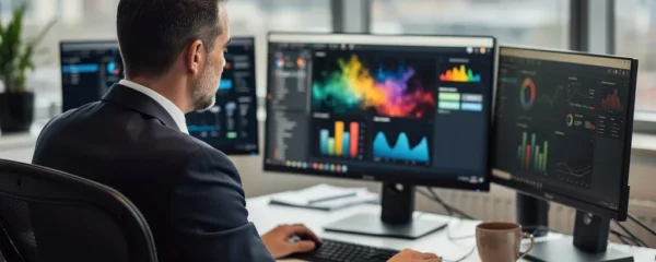 Sales operations professional reviewing commission dashboard in modern UK office