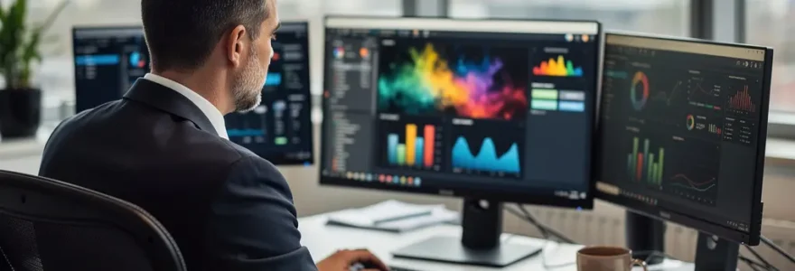 Sales operations professional reviewing commission dashboard in modern UK office